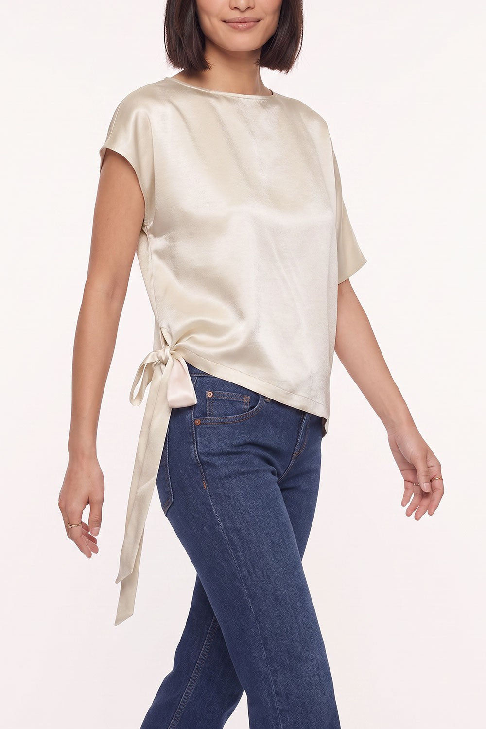 Short Sleeve Asymmetrical Side Tie Satin Top Beige