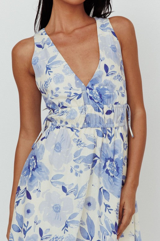 Sleeveless Cut Out Floral Print Maxi Dress Blue