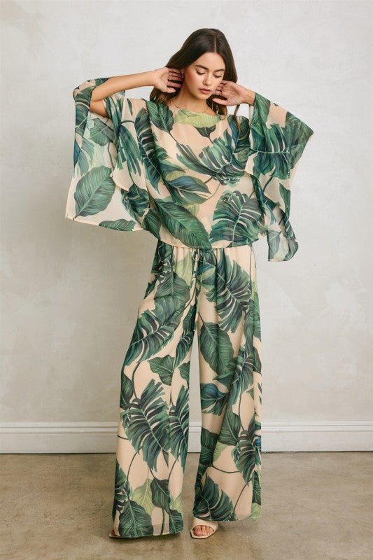 High Waist Wide Leg Tropical Print Pants Green