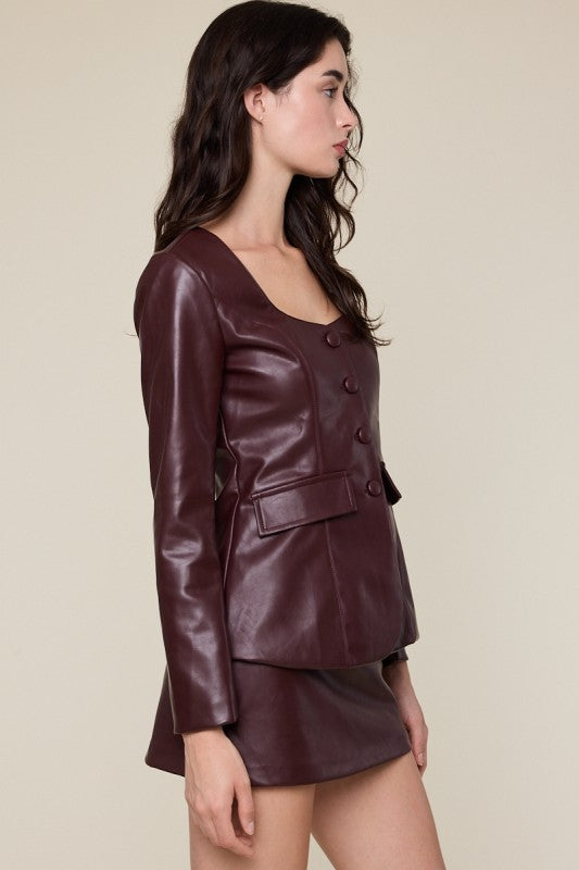 Long Sleeve Vegan Leather Jacket Plum