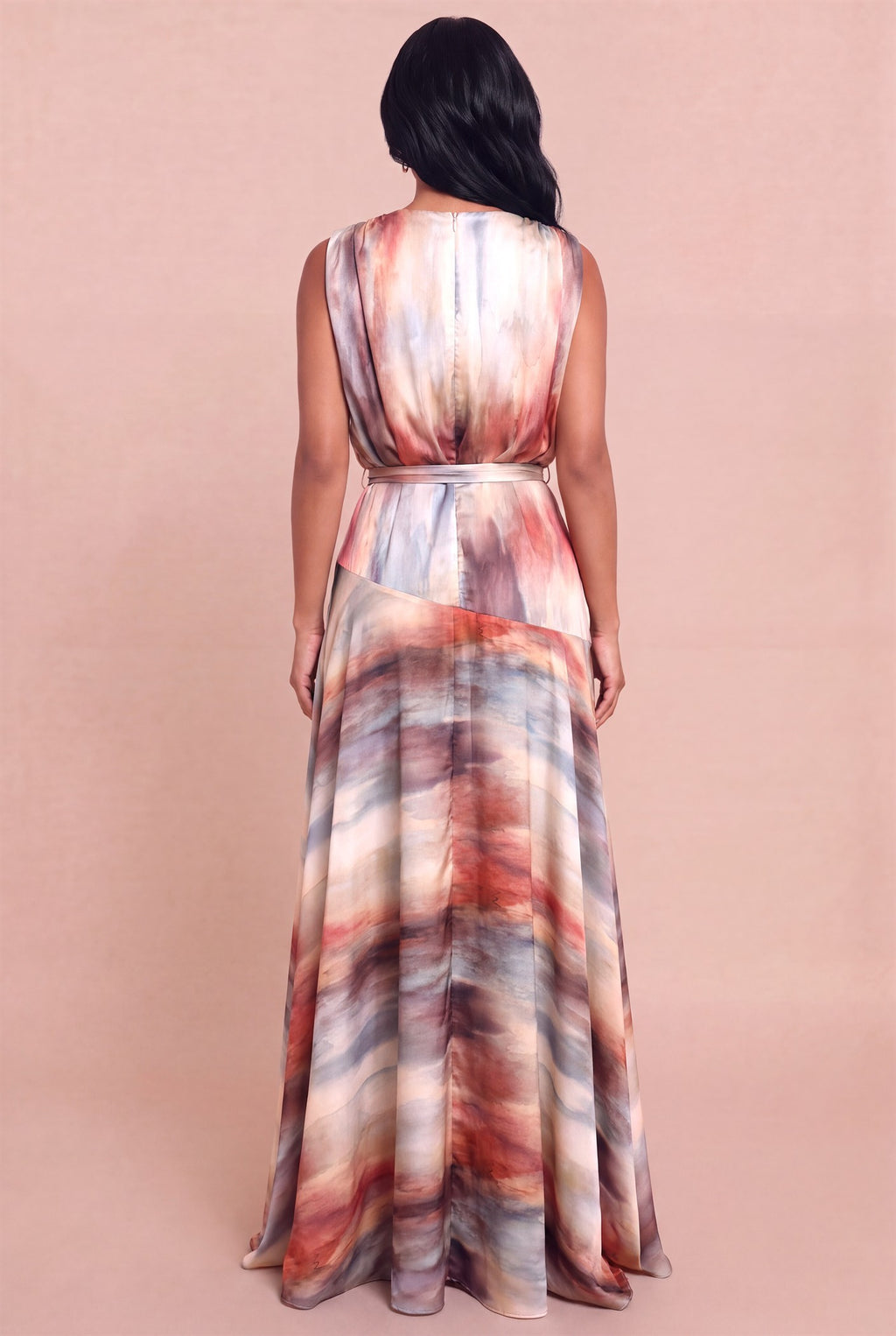  Sleeveless Waist Tie Abstract Print Maxi Dress Cream