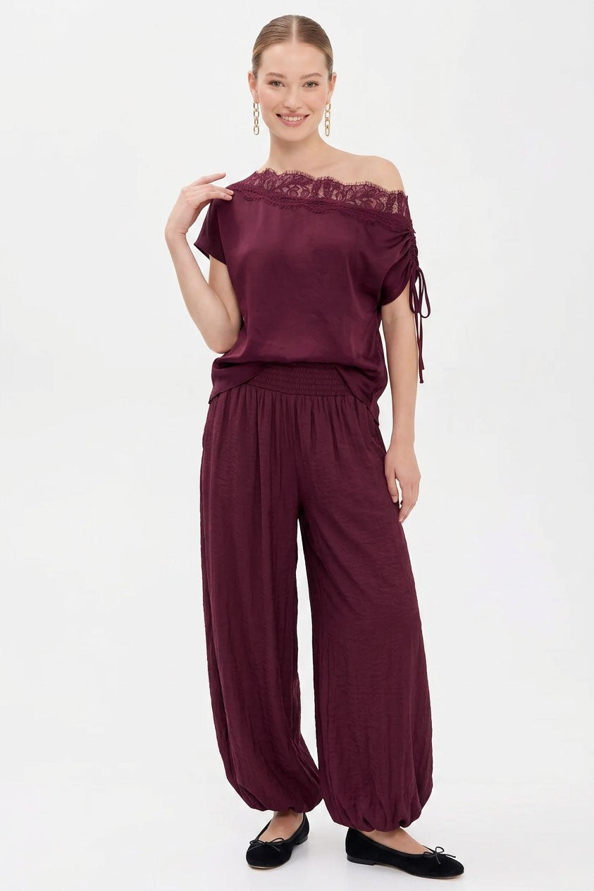 Off The Shoulder Stylish Satin And Lace Top Forest Burgundy