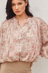 Long Balloon Sleeve Button Down Floral Print Top Mauve