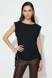Short Cap Sleeve Side Drawstring Tie Top Black