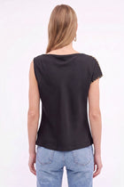 Short Studded Split Sleeve Satin Top Black