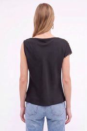 Short Studded Split Sleeve Satin Top Black
