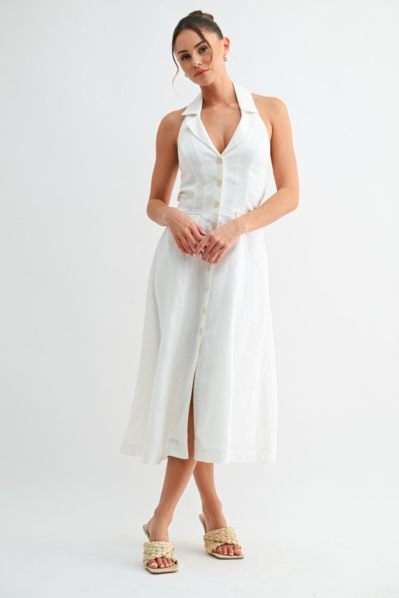 halter button down dress Linen Halter Neck Button Down Dress Black / European Linen / Small