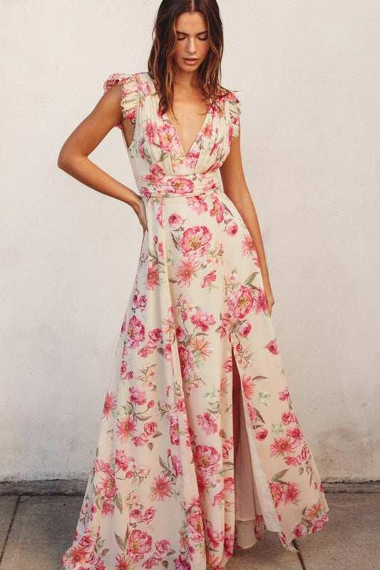  Flutter Sleeve Floral Print Maxi Dress Blush