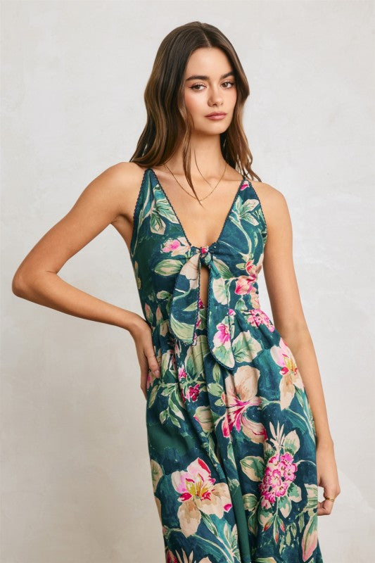 Sleeveless Cut Out Floral Print Maxi Dress Green