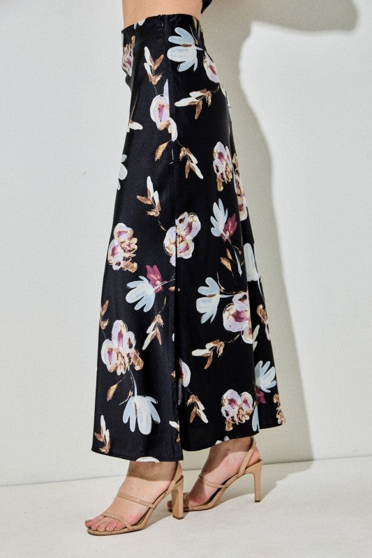 High Waist Floral Midi Skirt Black