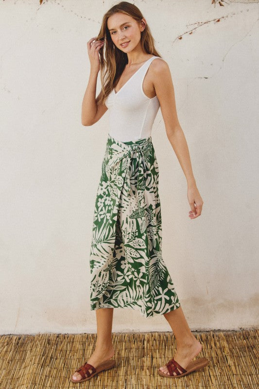 High Waist Tropical Print Wrap Midi Skirt Green