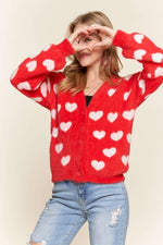 Heart Print Cardigan Sweater Top Red