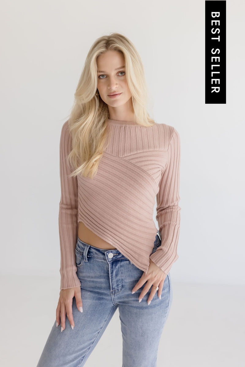  Long Sleeve Ribbed Sweater Top Mauve