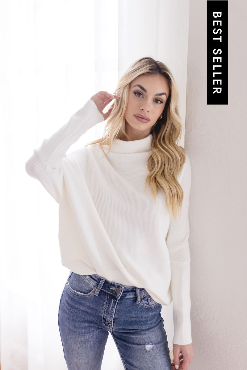 Long Sleeve Slouched Funnel Neck Sweater White