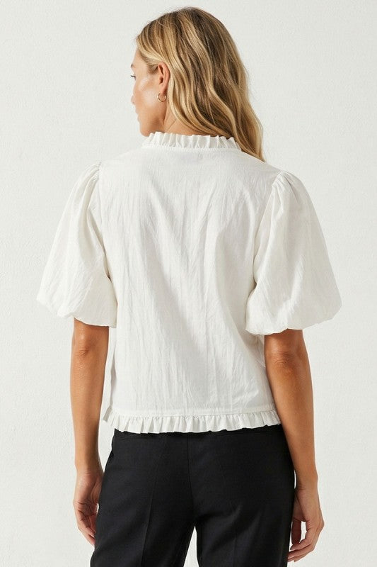 Short Bubble Sleeve Button Down Ruffle Top White