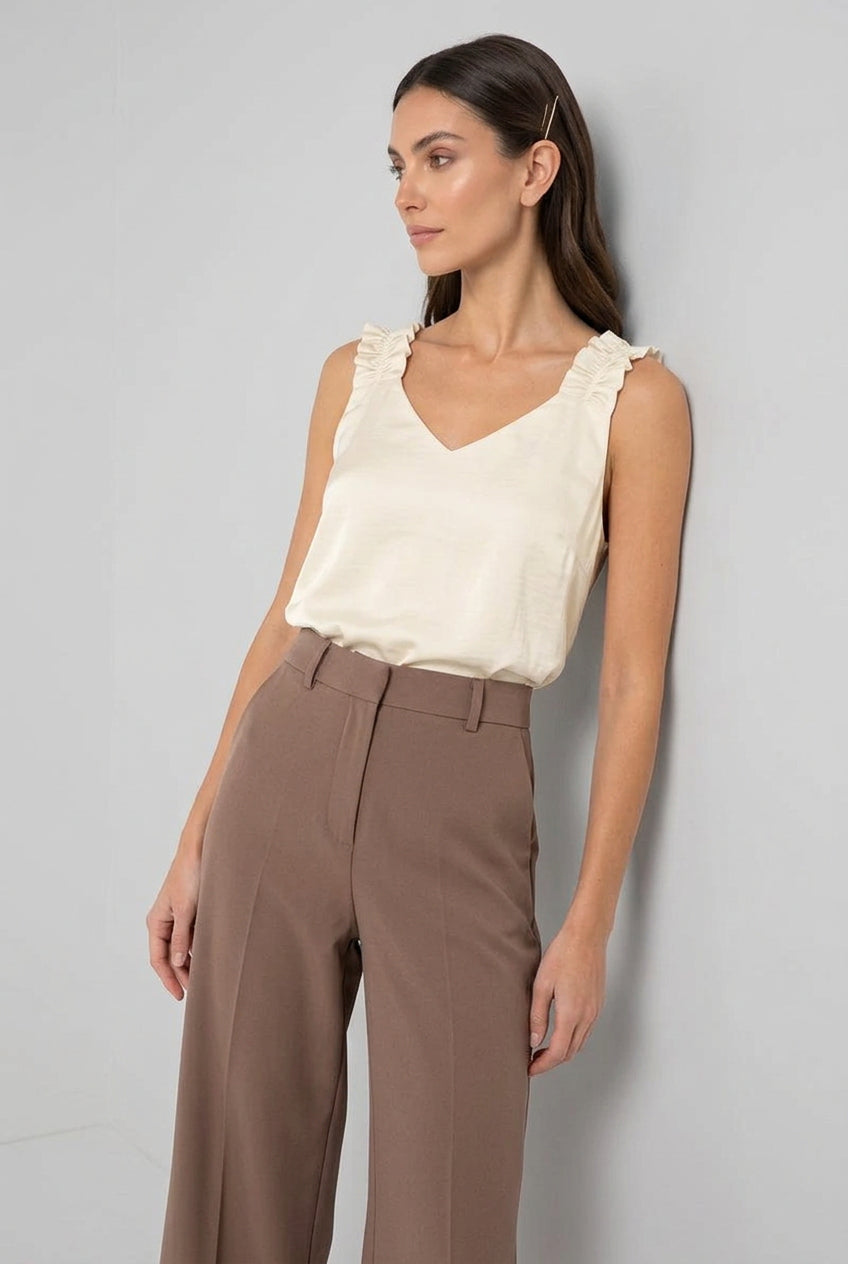 Sleeveless Ruffle Strap Satin Top White