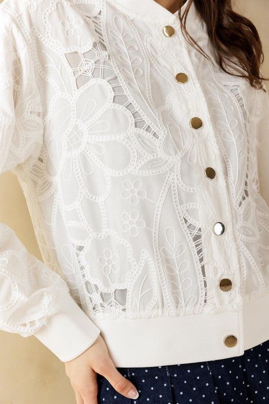 Long Sleeve Floral Lace Bomber Jacket White