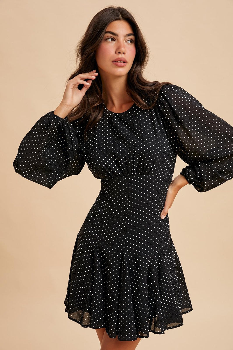 Long Sleeve Polka Dot Print Mini Dress Black
