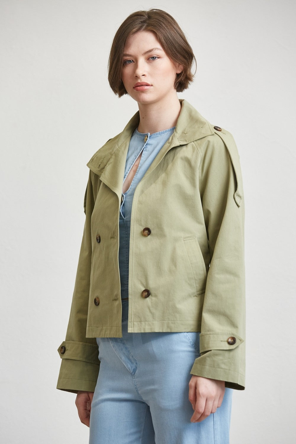 Long Sleeve Double Breasted Waist Tie Jacket Olive