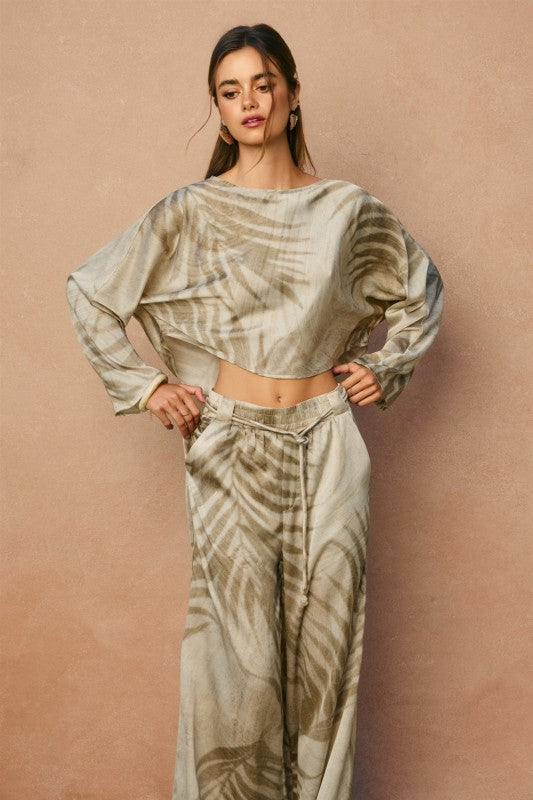 High Waist Wide Leg Tropical Print Pants Khaki