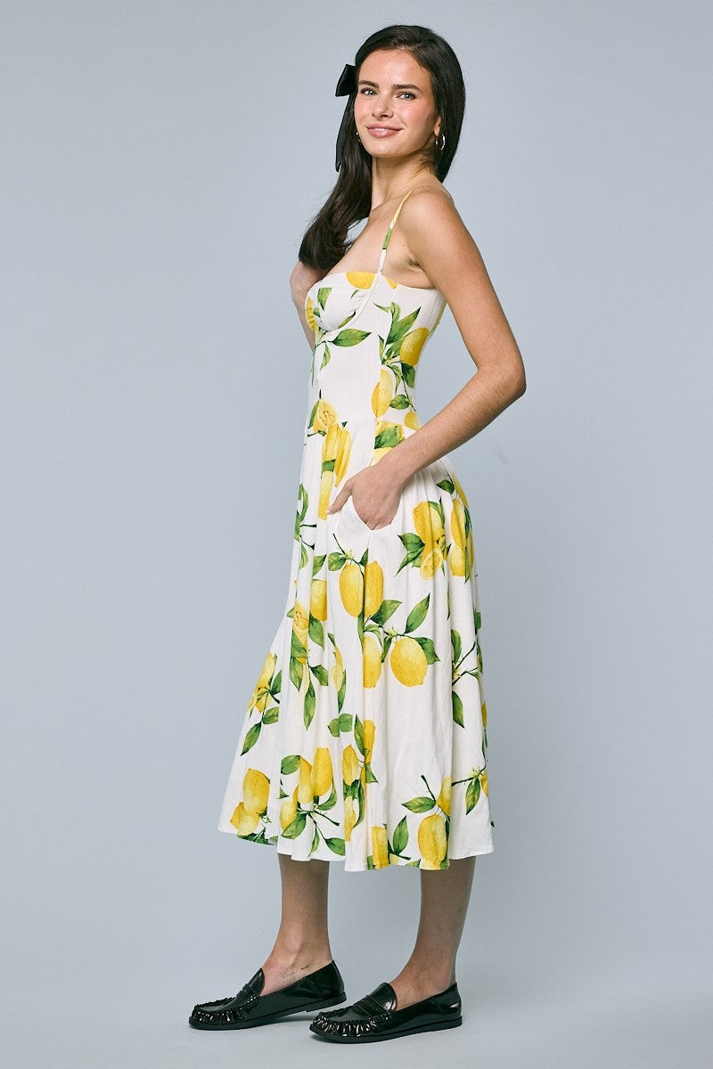 Sleeveless Lemon Print Midi Dress Yellow