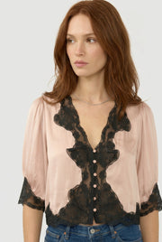 3/4 Sleeve Button Down Satin And Lace Trim Top Champagne