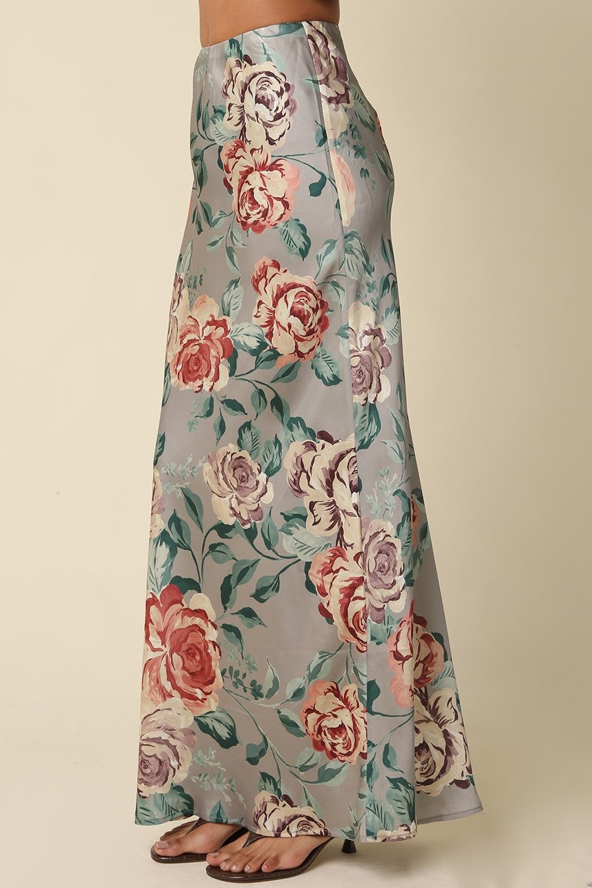 High Waist Elegant Floral Print Satin Maxi Skirt Sage