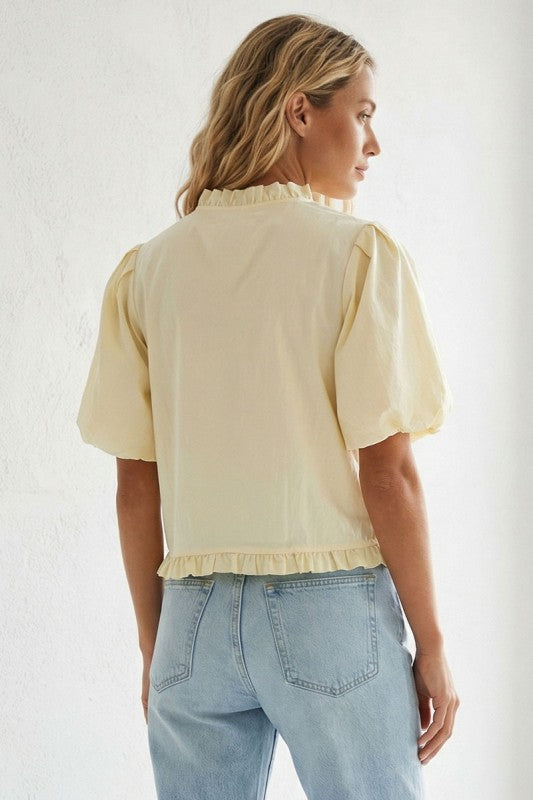 Short Bubble Sleeve Button Down Ruffle Top Yellow