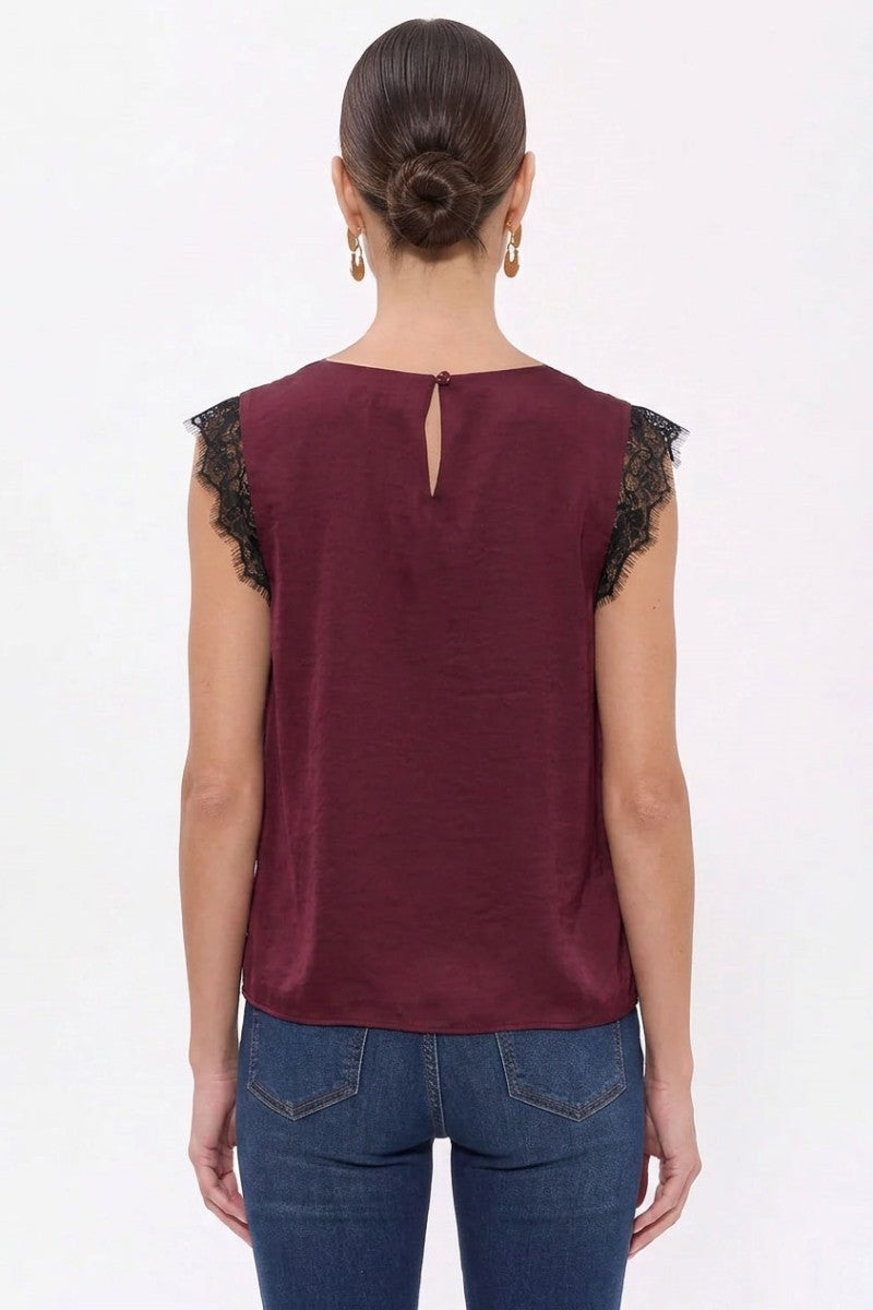 Sleeveless Romantic Lace And Satin Top Burgundy