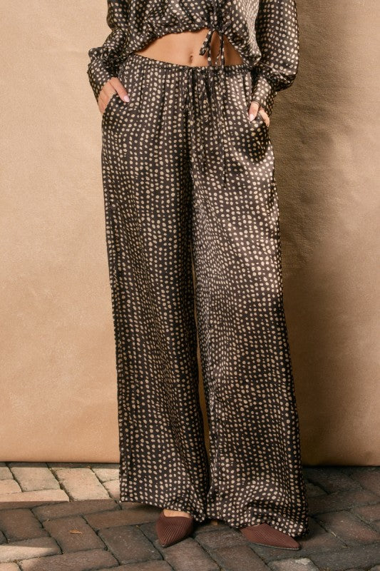 Drawstring Wide Leg Dot Pants Brown
