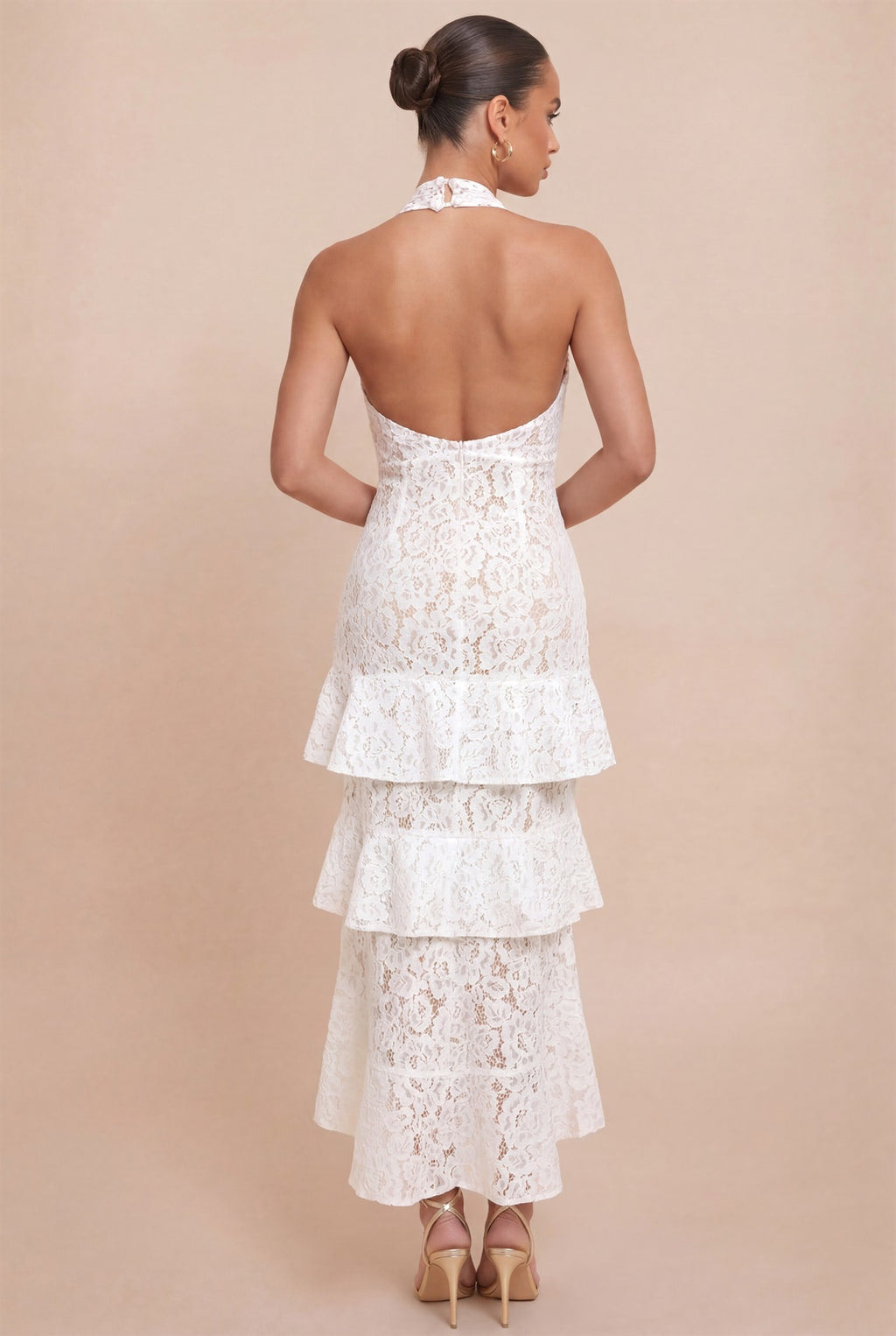 Sleeveless Halter Tiered Lace Midi Dress White