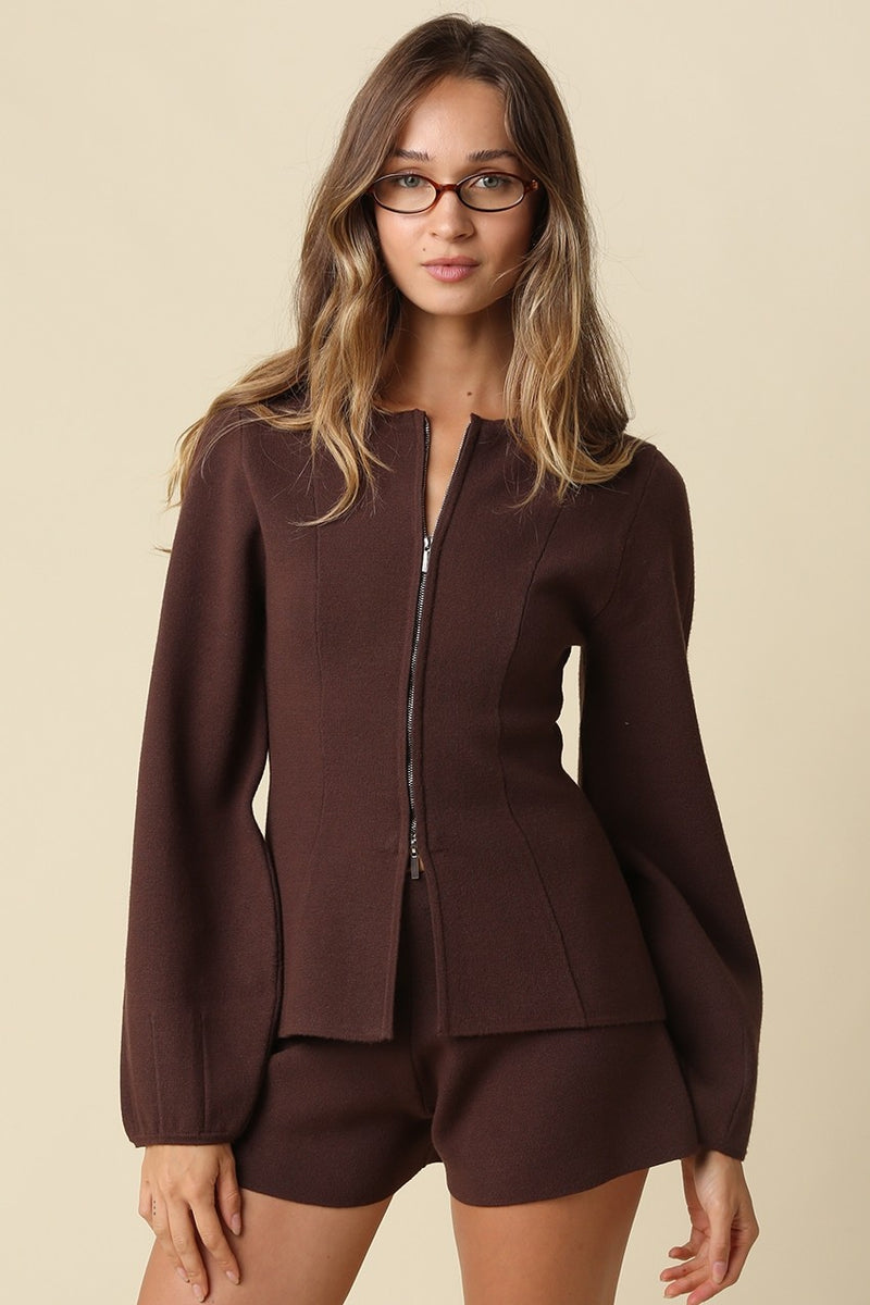 Long Balloon Sleeve Zip Up Peplum Top Brown