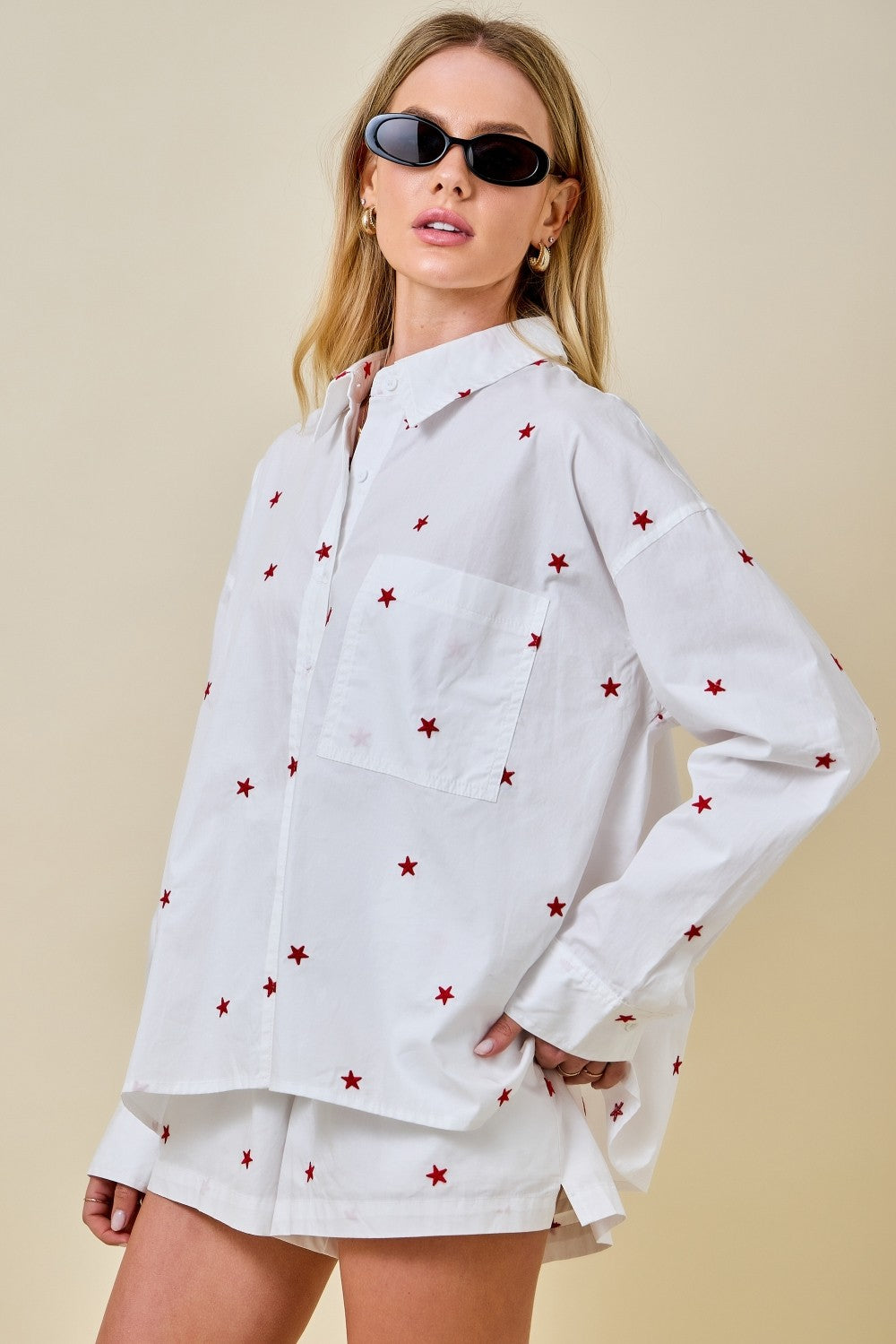 Long Sleeve Button Down Star Print Top White