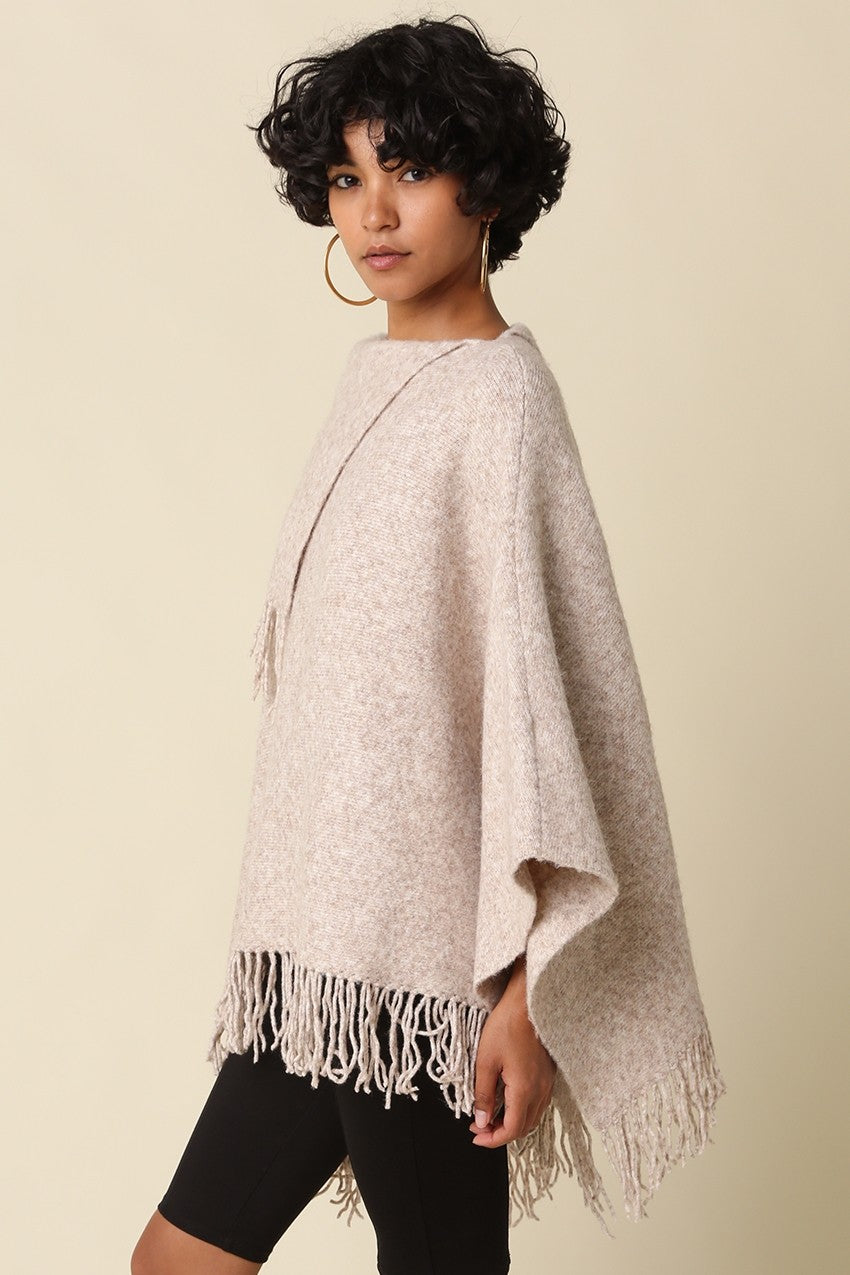  Layer It On Poncho Fringe Sweater Oatmeal