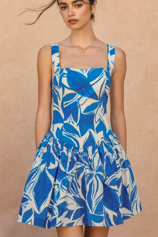 Sleeveless Floral Print Mini Dress Blue