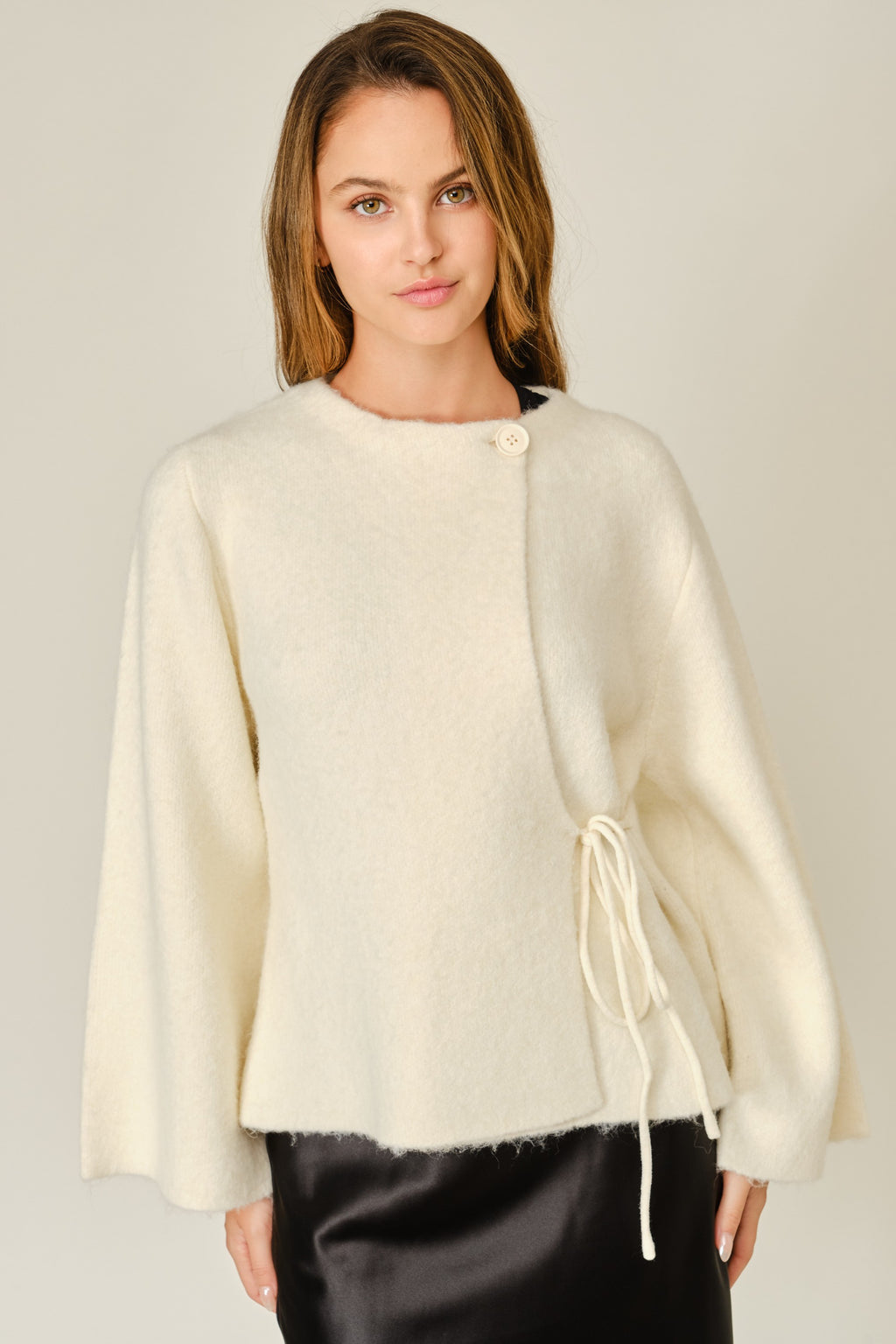 Long Kimono Sleeve Side Tie Cozy Knit Cardigan Cream