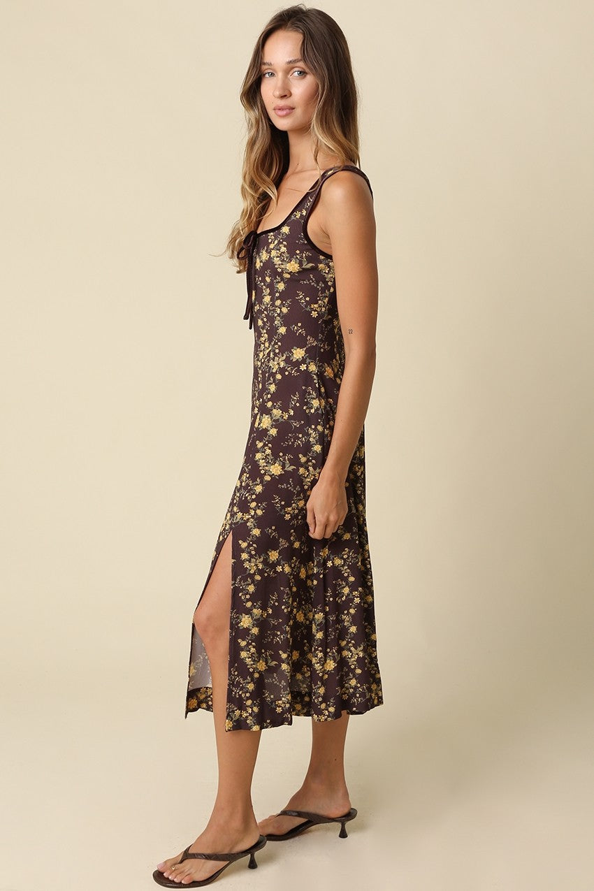 Sleeveless Button Down Floral Print Midi Dress Brown