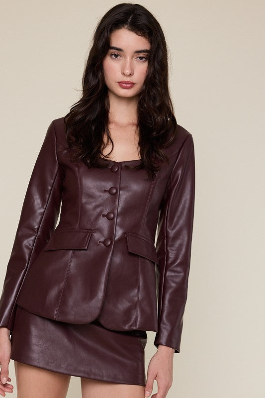 Long Sleeve Vegan Leather Jacket Plum