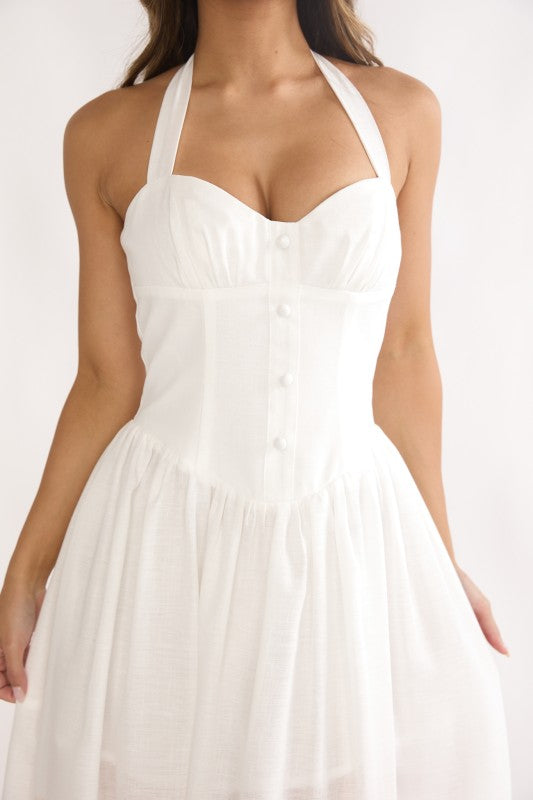 Sleeveless Halter Corset Floral Print Maxi Dress White