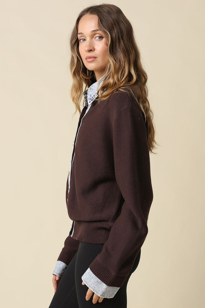 Long Sleeve Button Down Contrast Denim Knit Cardigan Brown
