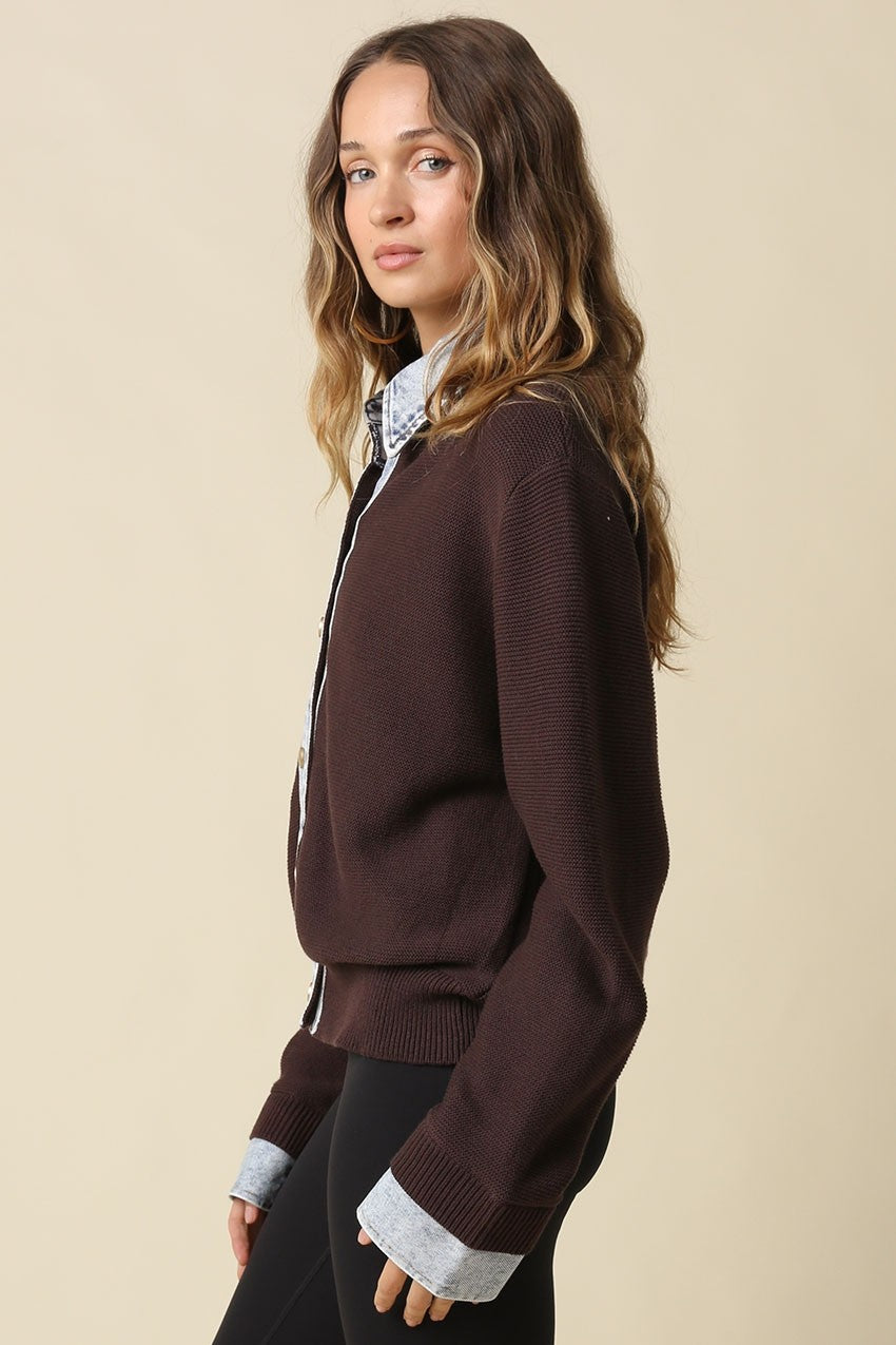 Long Sleeve Button Down Contrast Denim Knit Cardigan Brown