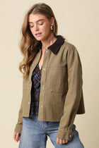 Mindy Long Sleeve Corduroy Contrast Button Down Jacket Olive