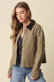 Mindy Long Sleeve Corduroy Contrast Button Down Jacket Olive