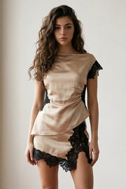 Off The Shoulder Stylish Satin And Lace Top Taupe