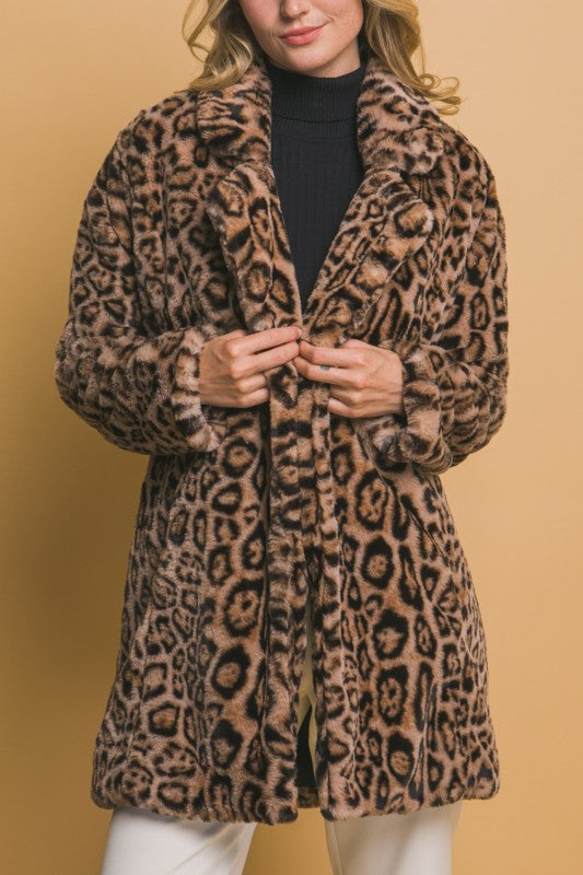 Long Sleeve Faux Fur Leopard Print Jacket Camel