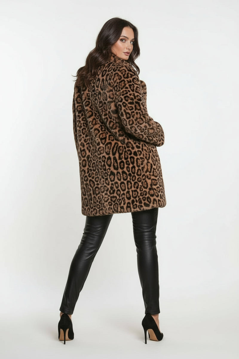 Long Sleeve Faux Fur Leopard Print Jacket Camel