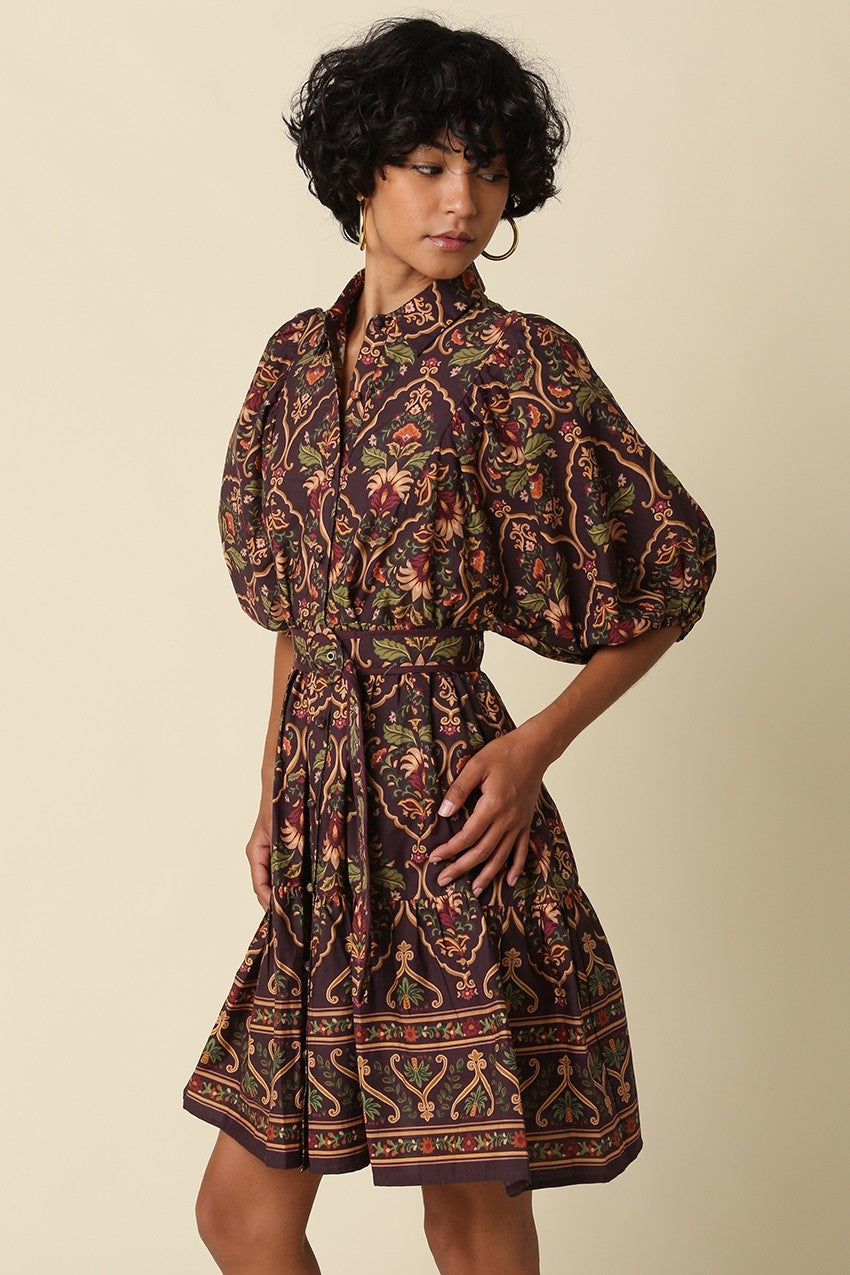 Short Puff Sleeve Belted Paisley Print Mini Dress Brown