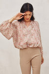 Long Balloon Sleeve Button Down Floral Print Top Mauve