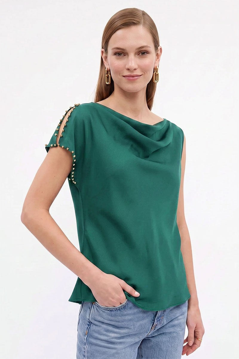Short Studded Split Sleeve Satin Top Teal Green