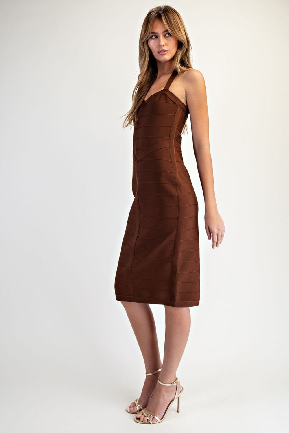 Sleeveless Halter Stretch Midi Dress Chocolate